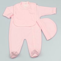 M1539: Baby Plain Pink 3 Piece All In One, Bib & Hat Set (0-9 Months)